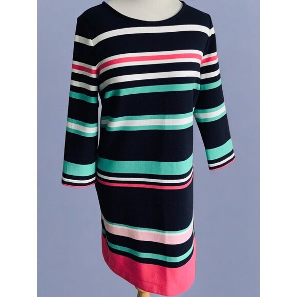 Crown & Ivy Womens Quarter Sleeve Back Zip Striped Navy Knee Length Dress Medium - Picture 6 of 9